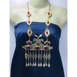 Vintage Turkmen Pendant Necklace: Tribal Kuchi Tassels, Red Glass Stones